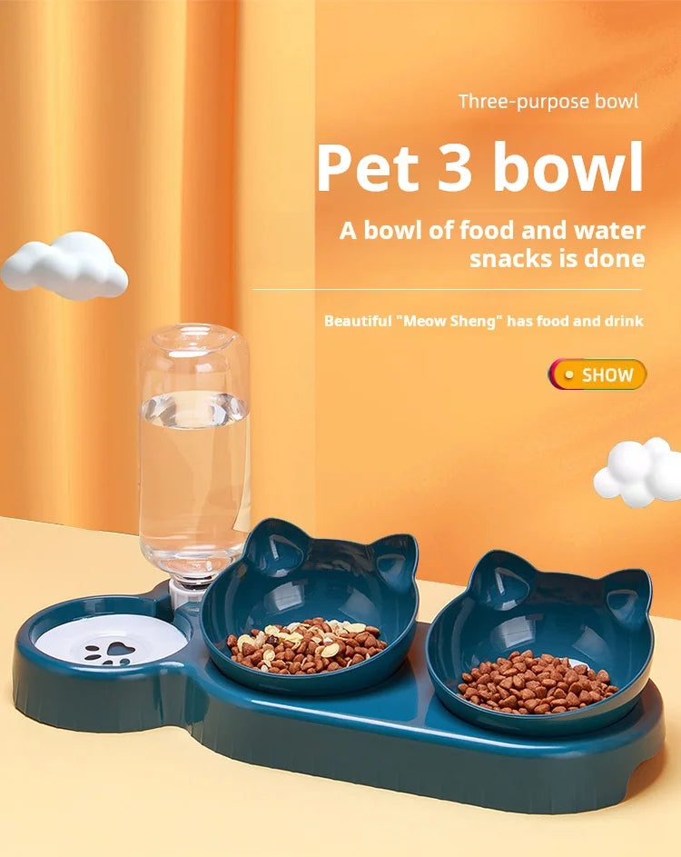 Tilted 3-in-1 Cat Bowl with Gravity Water Dispenser – Food & Water Feeding Station