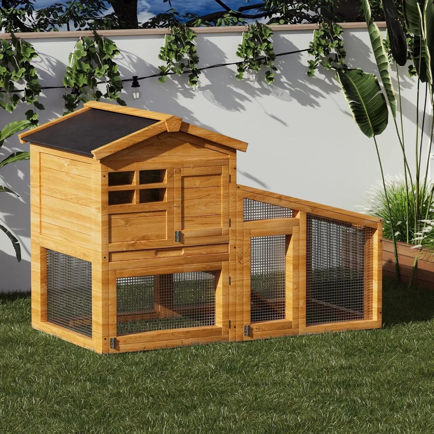 2-Tier Wooden Rabbit Hutch with Outdoor Run
