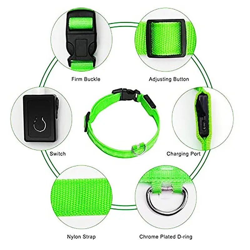 USB Rechargeable LED Dog Collar with Detachable Pendant – Luminous Safety Collar for Dogs & Cats