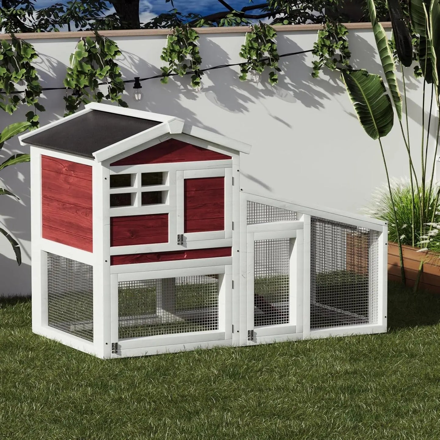 2-Tier Wooden Rabbit Hutch with Outdoor Run