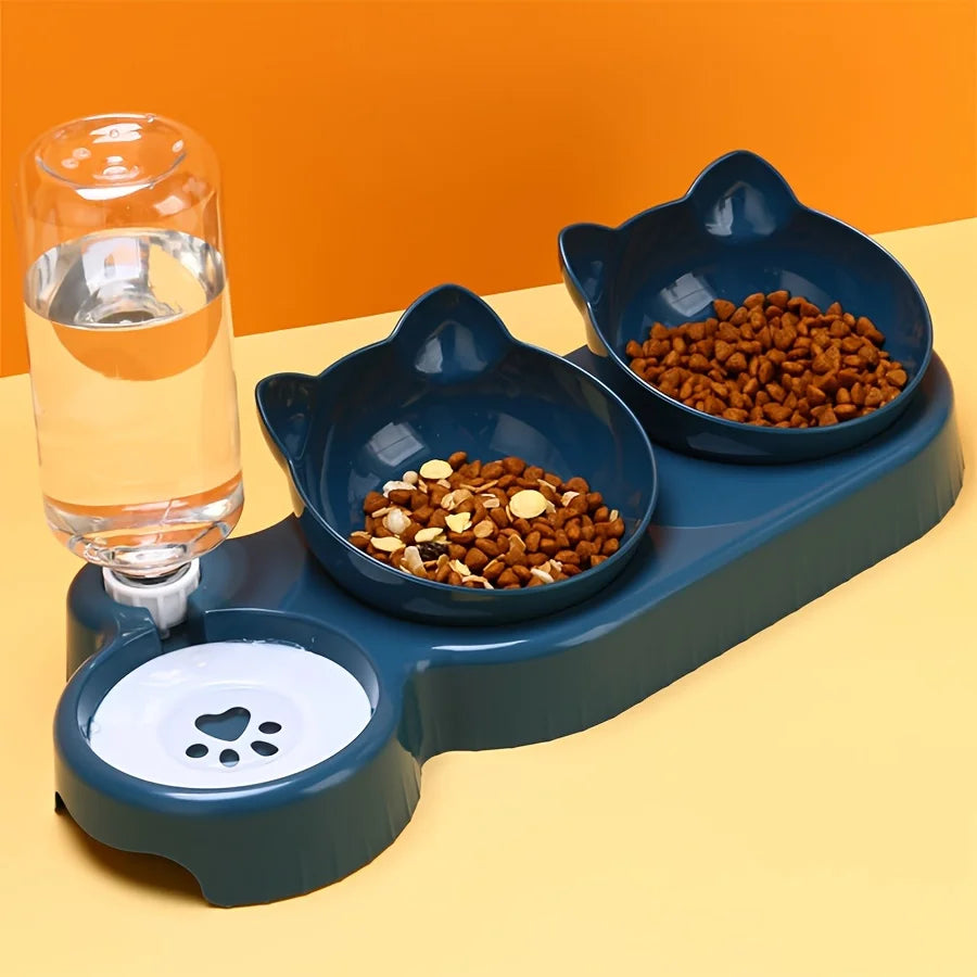 Tilted 3-in-1 Cat Bowl with Gravity Water Dispenser – Food & Water Feeding Station