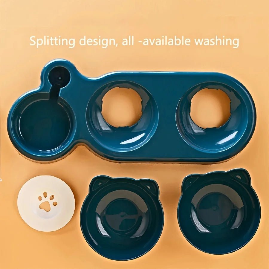 Tilted 3-in-1 Cat Bowl with Gravity Water Dispenser – Food & Water Feeding Station