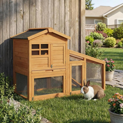 2-Tier Wooden Rabbit Hutch with Outdoor Run